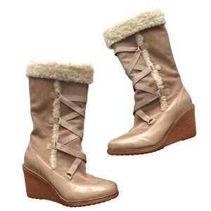 Cole Haan Nike Air Michelle Beige Suede Boots Lined Side Zip Lace Front Size 9.5